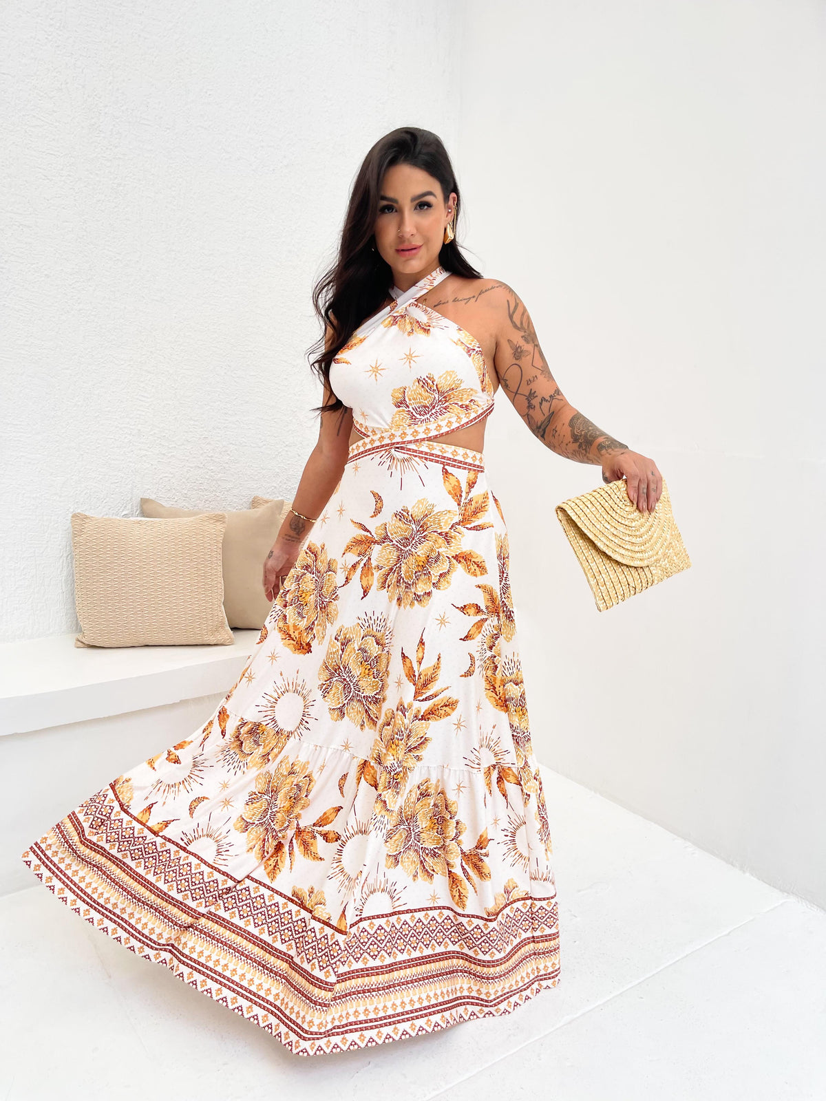 Vestido Longo Gabriela Jardim Dourado